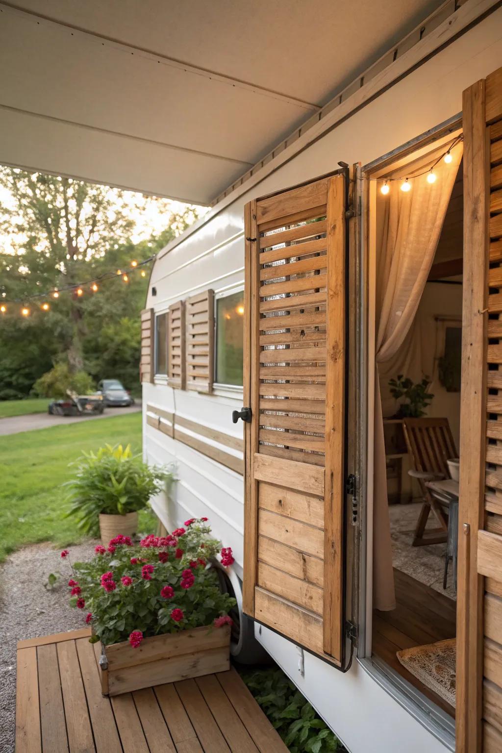 Hand-crafted pallet shutters bringing a rustic sensation to a mobile home.
