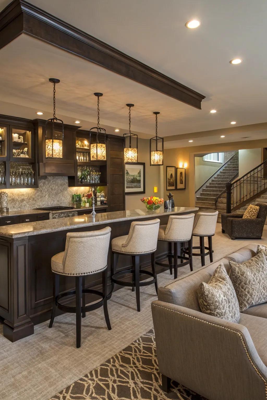 Comfortable and stylish bar stools enhance this modern bar.