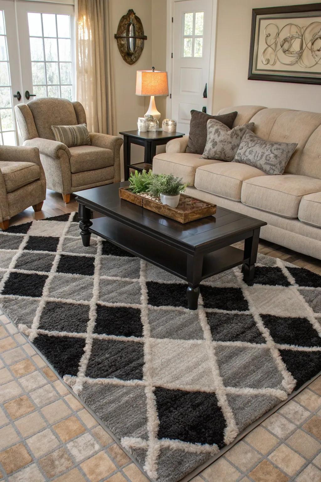 A floor covering in charcoal and slate brings the entire space together.