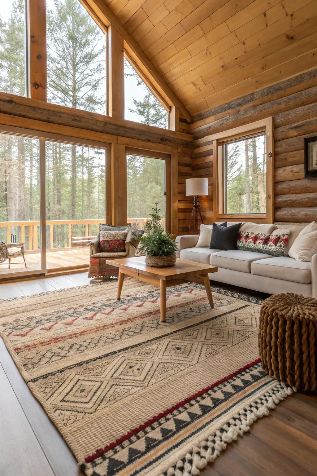 Layered rugs give a modern cabin inside comfort and texture.