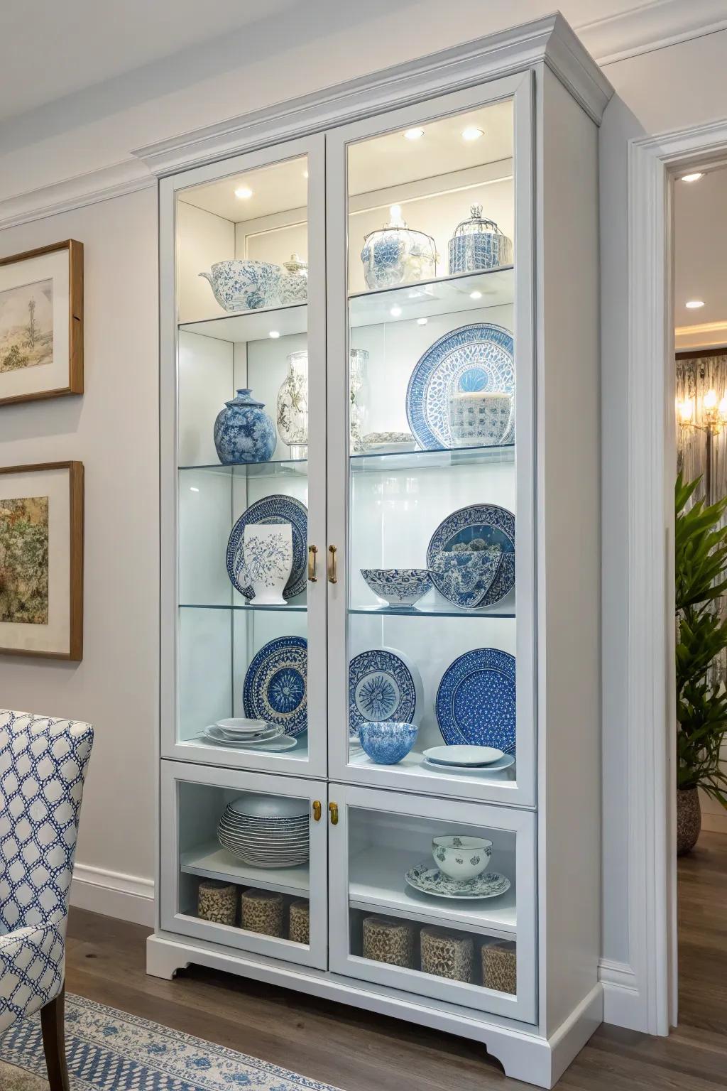 Coherent hue narrative in a modern porcelain cabinet.