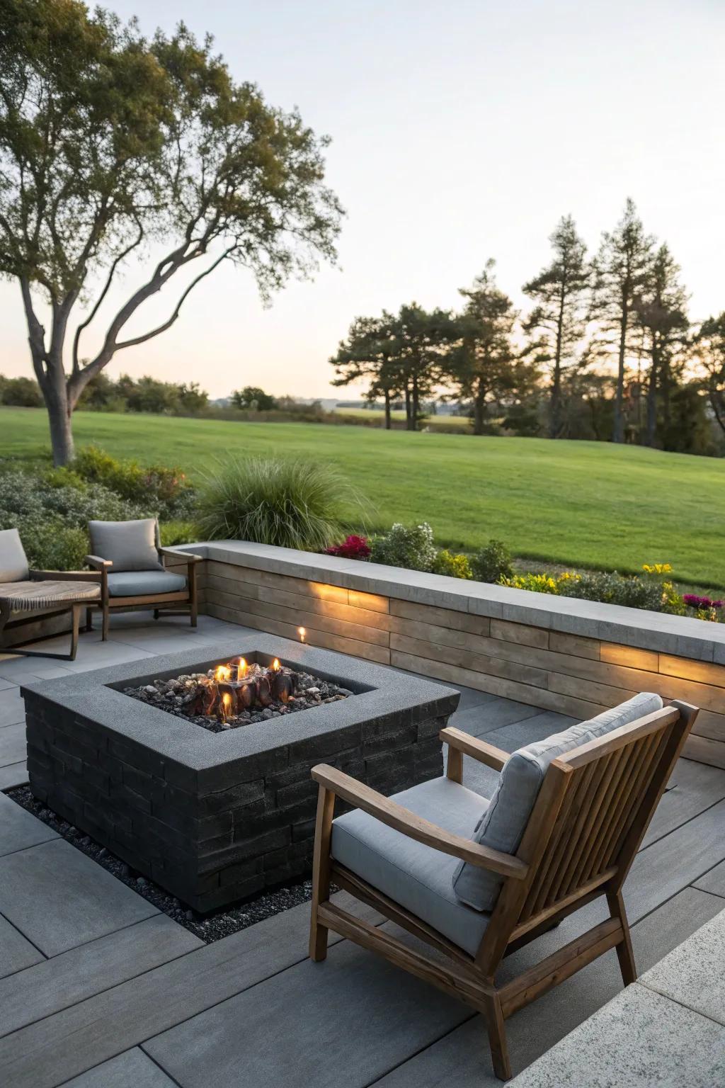 A fire feature offers a warm focal point for nighttime social gatherings.