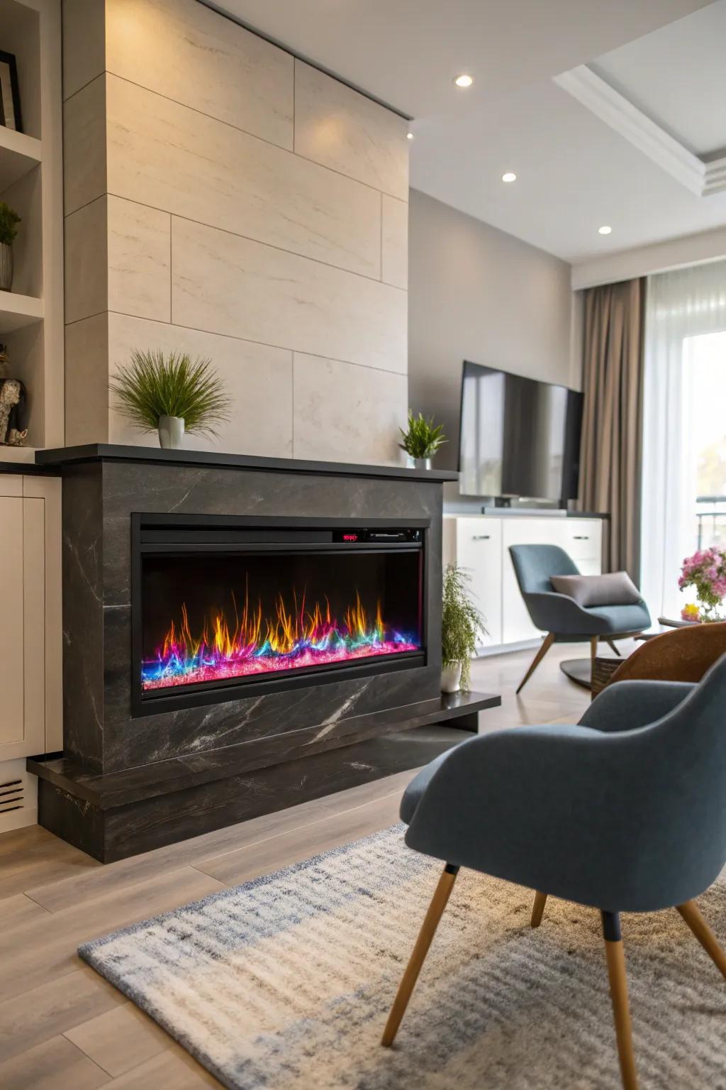 A modern interior displaying an electric fireplace with bright multicolor flames.