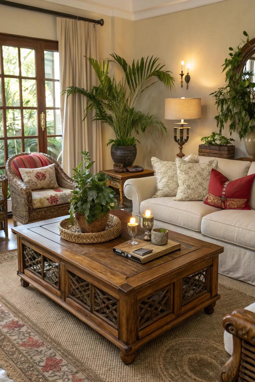 Natural wood elements add warmth and feel to the farmhouse living space.