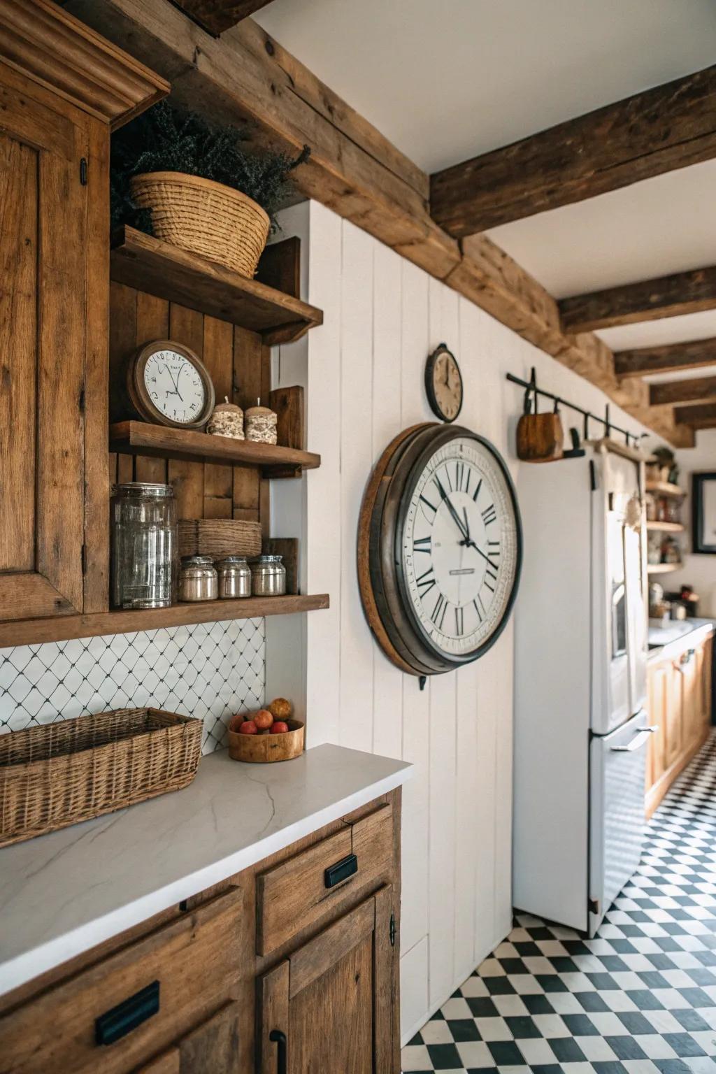 Retro-themed timepiece on a modern farmhouse culinary space wall.