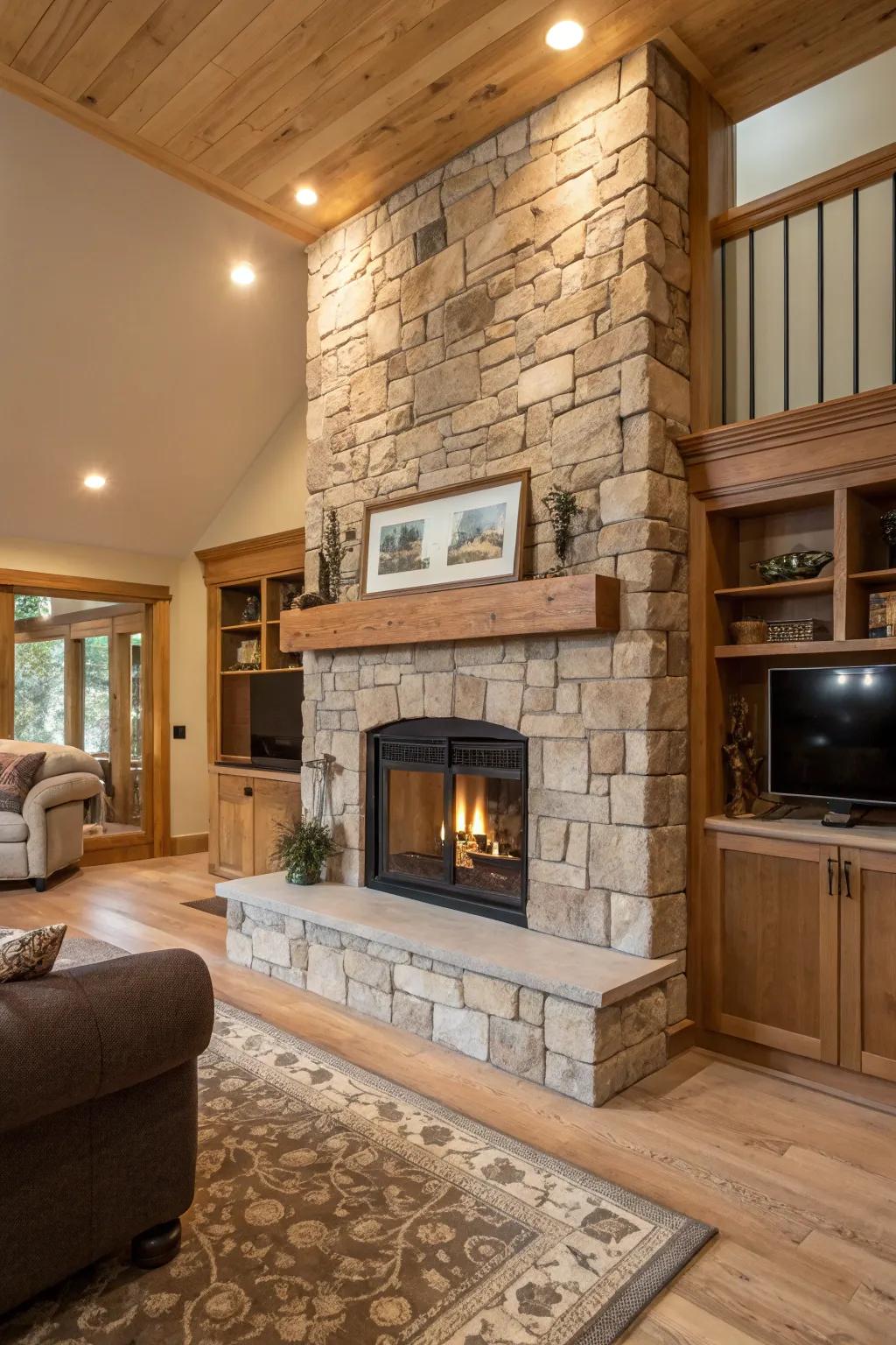 A contemporary fireplace encased in natural stone, infusing warmth and textural depth.