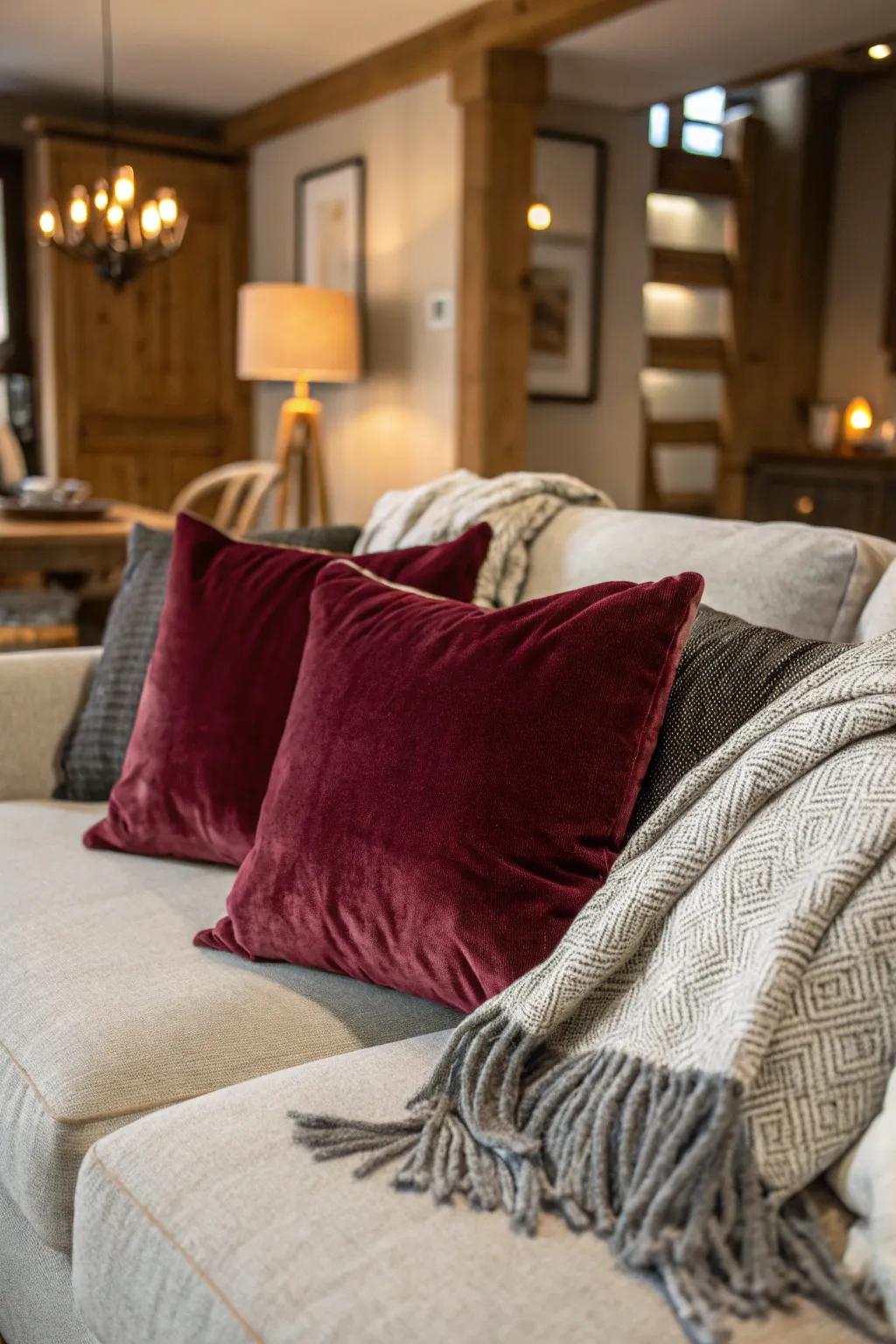A lounge consisting of deep red velvet pillows, complemented by wool grey throw.
