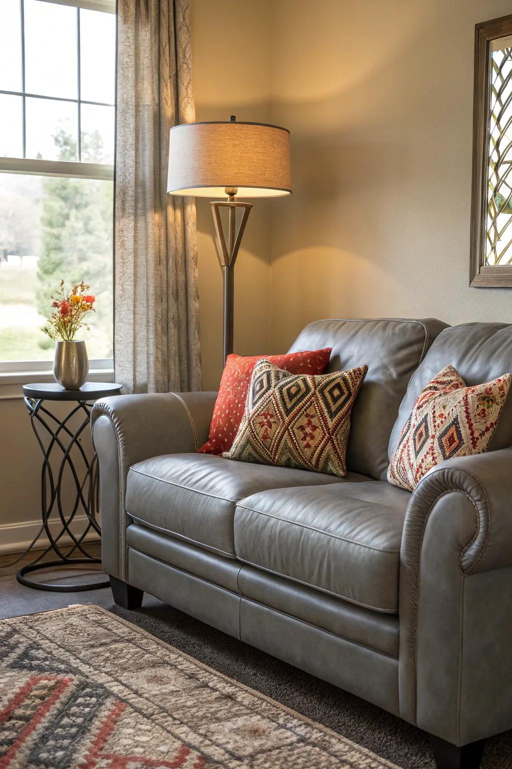 Stylish accessories complementing a grey leather sofa in a modern living room.