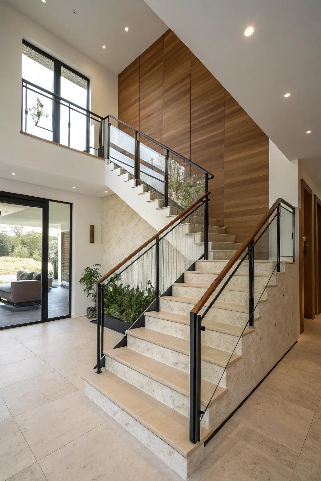 A half wall beside a staircase delivers both protection and an elegant presence.