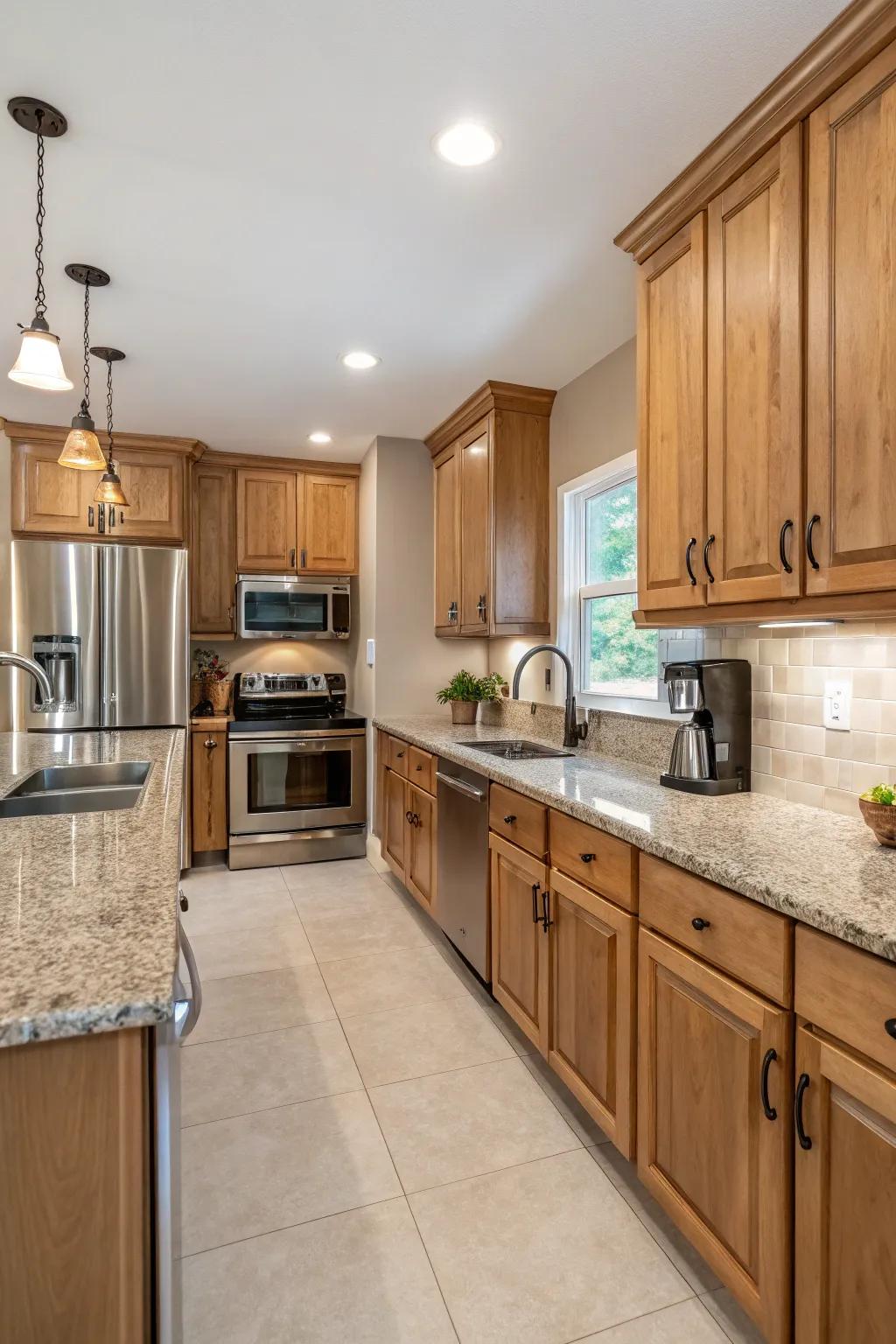 Combining materials creates a textured ambiance in a hickory kitchen.