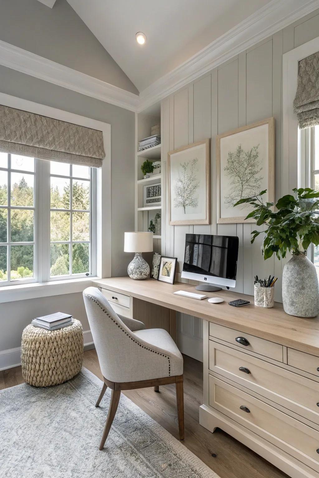 A serene neutral color scheme within a home office.