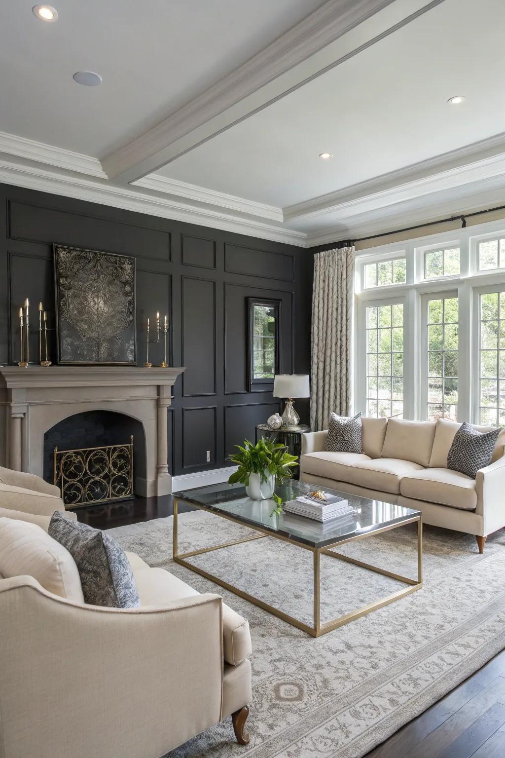 Dark gray walls offer a refined backdrop for this stylish living room.