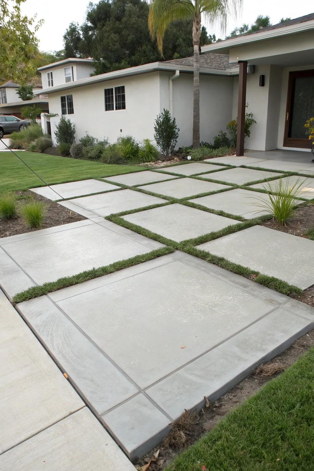 Expansive concrete tiles marking areas in a modern front garden.