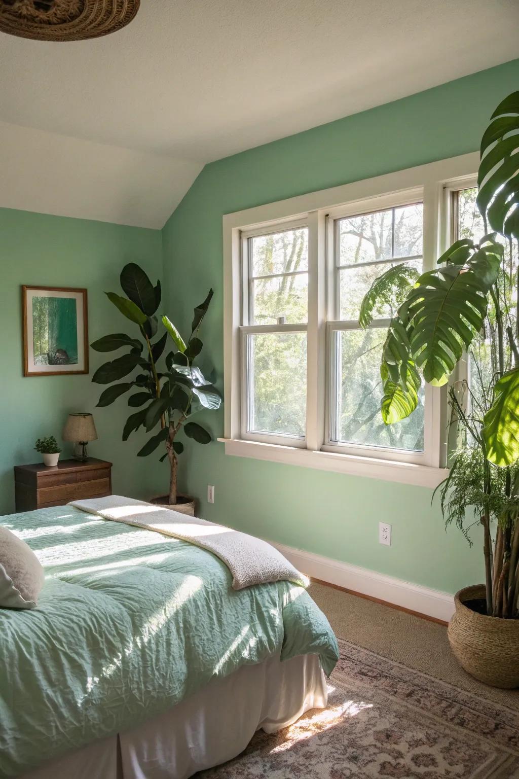 A soft jade bedroom enriched with natural elements.