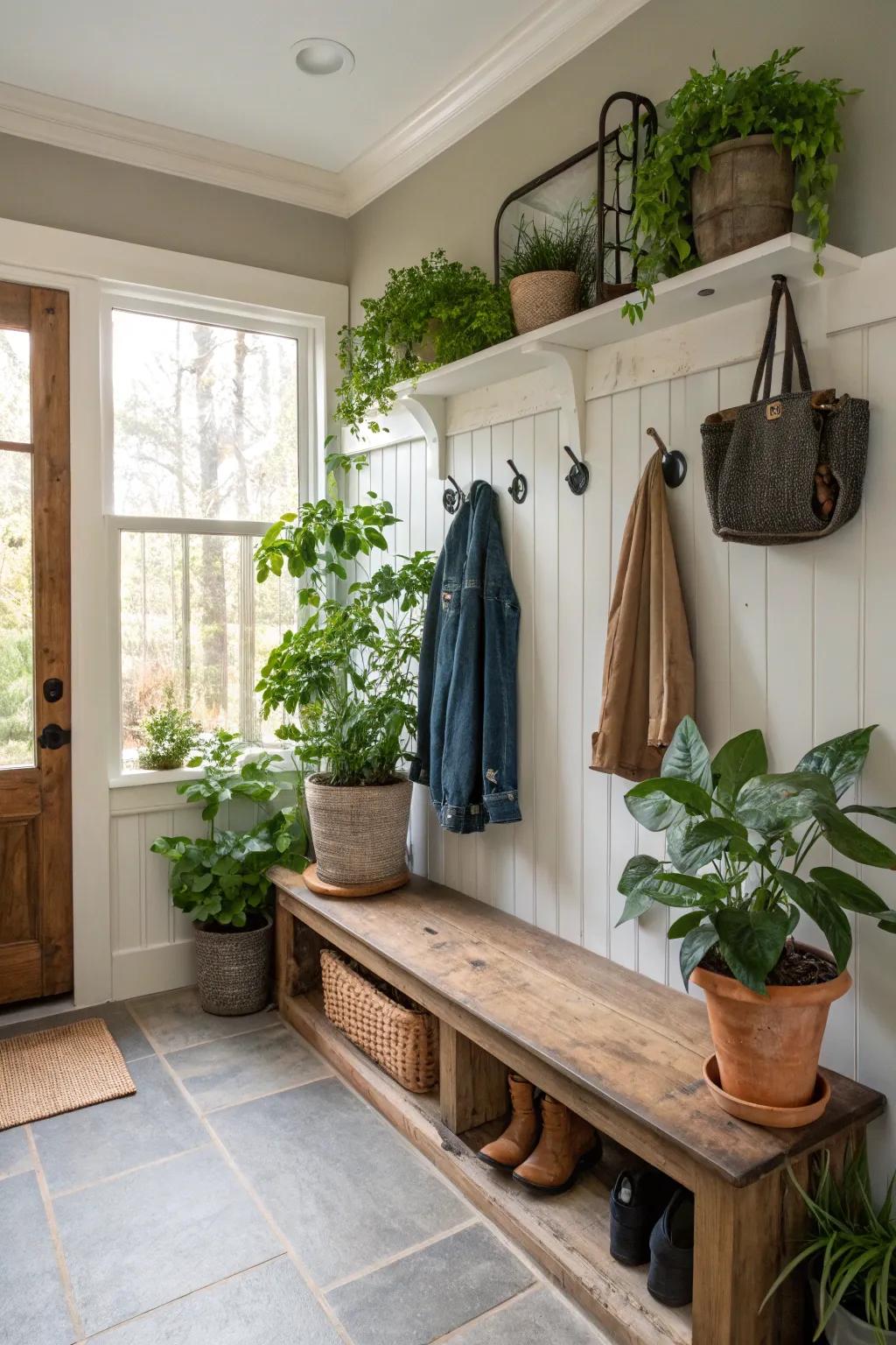 Flourishing plants breathe life and inject color into your mudroom.