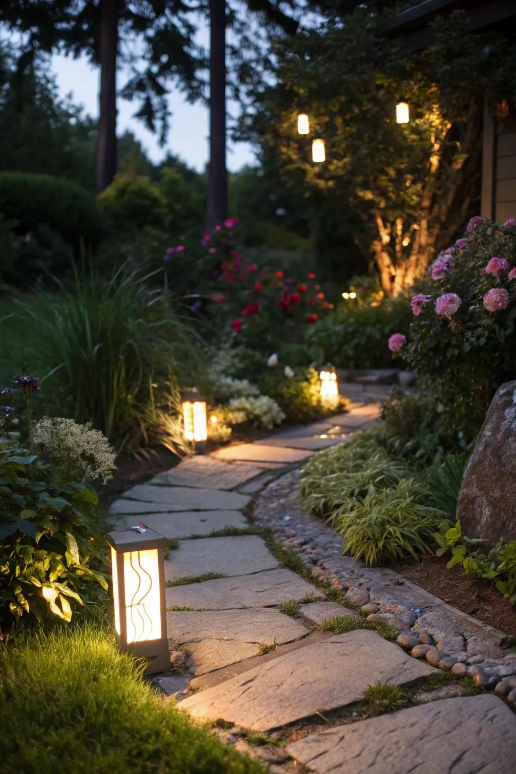 A garden path elegantly illuminated with ambient lighting for evening appeal.