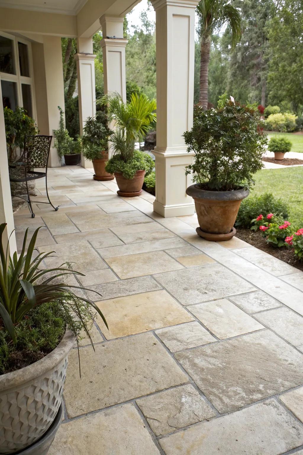 Stone-look tiles evoke a natural and sophisticated setting.