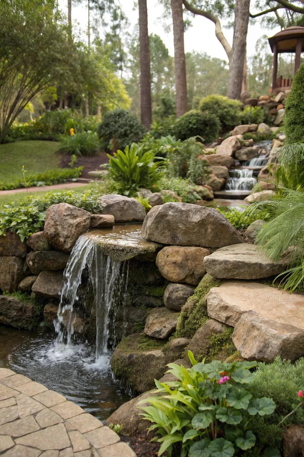 A rock cascade feature instills tranquility and motion into your garden.