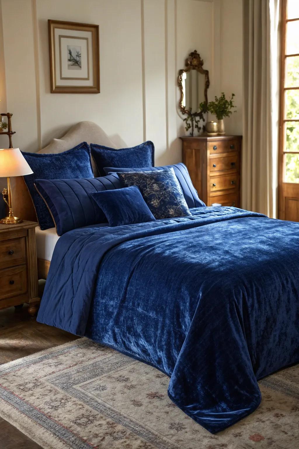 Sapphire velvet bedding imparts a sense of luxury and coziness.