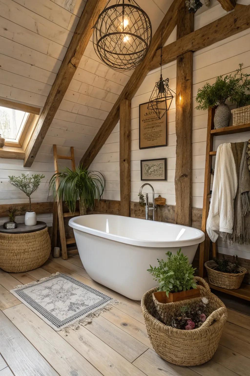 A freestanding tub commands attention as an elegant centerpiece in a rustic-themed bathroom.