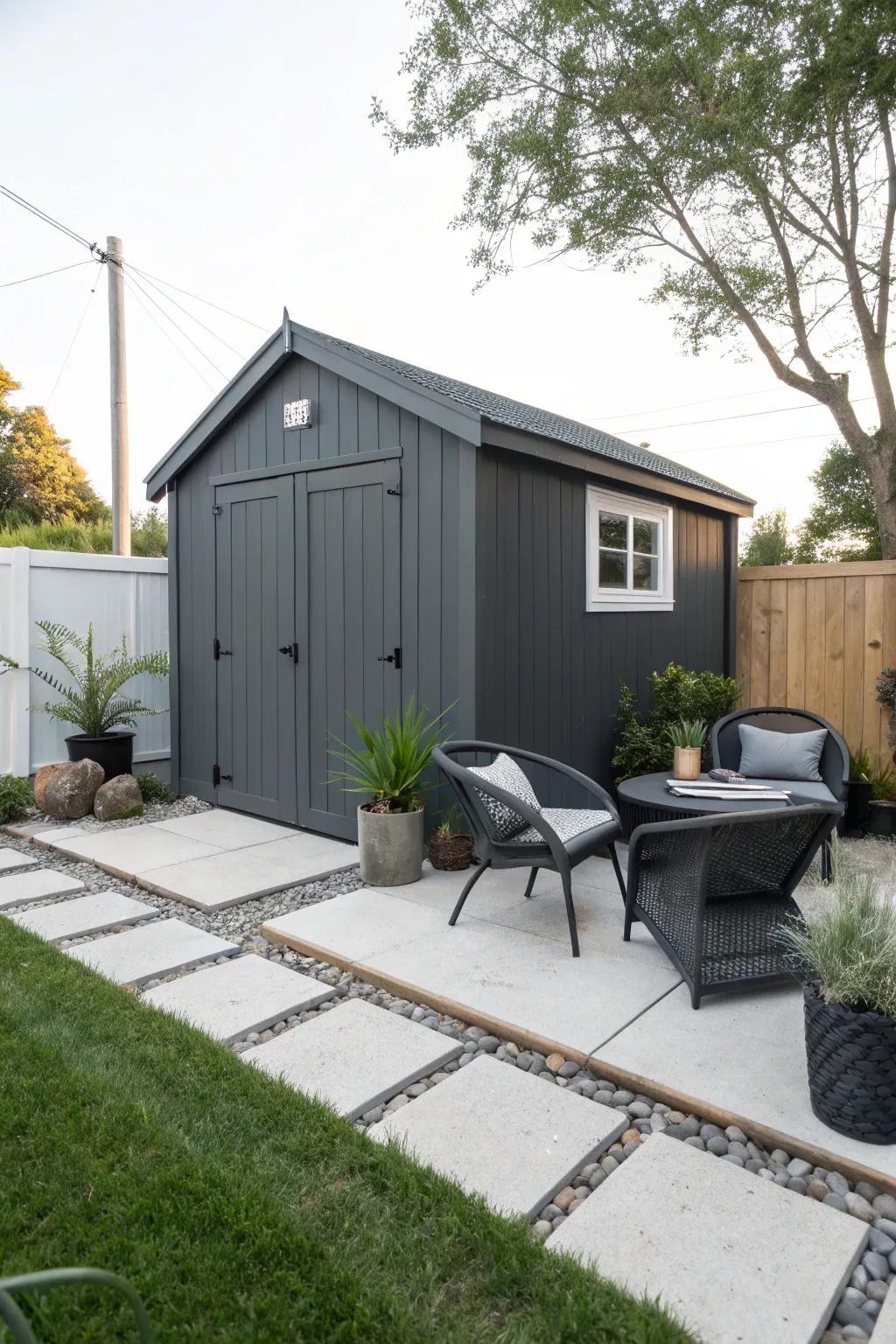 A modern charcoal gray shed, an emblem of sophisticated style.
