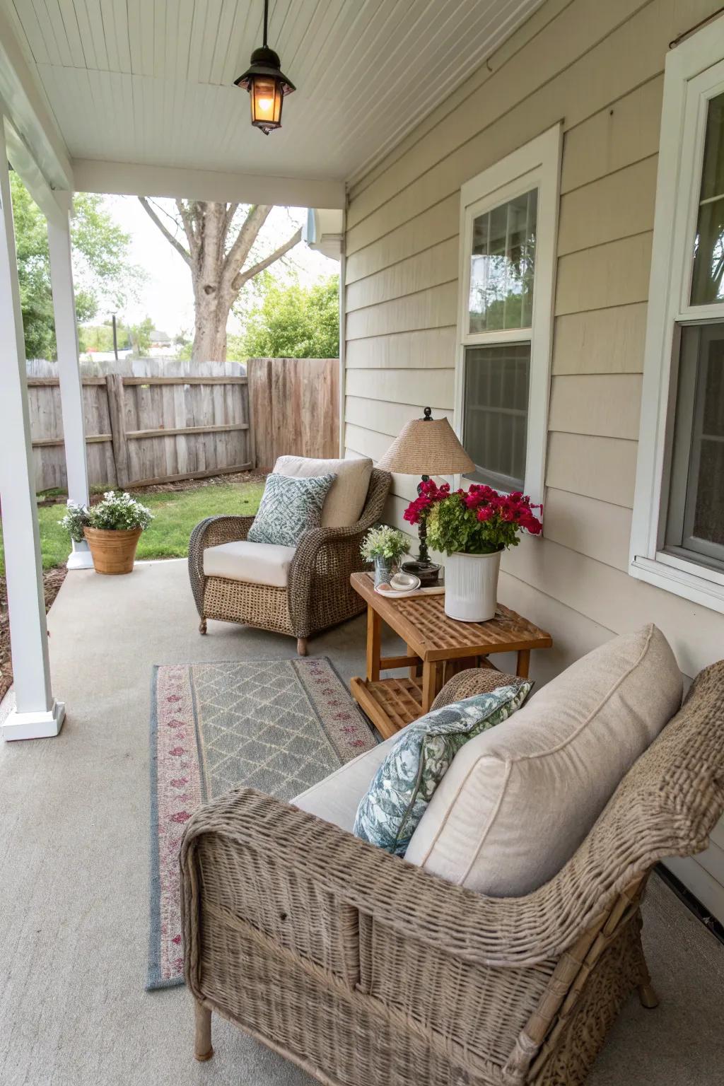 A small front porch featuring cozy seating arrangements, inviting relaxation and comfort.