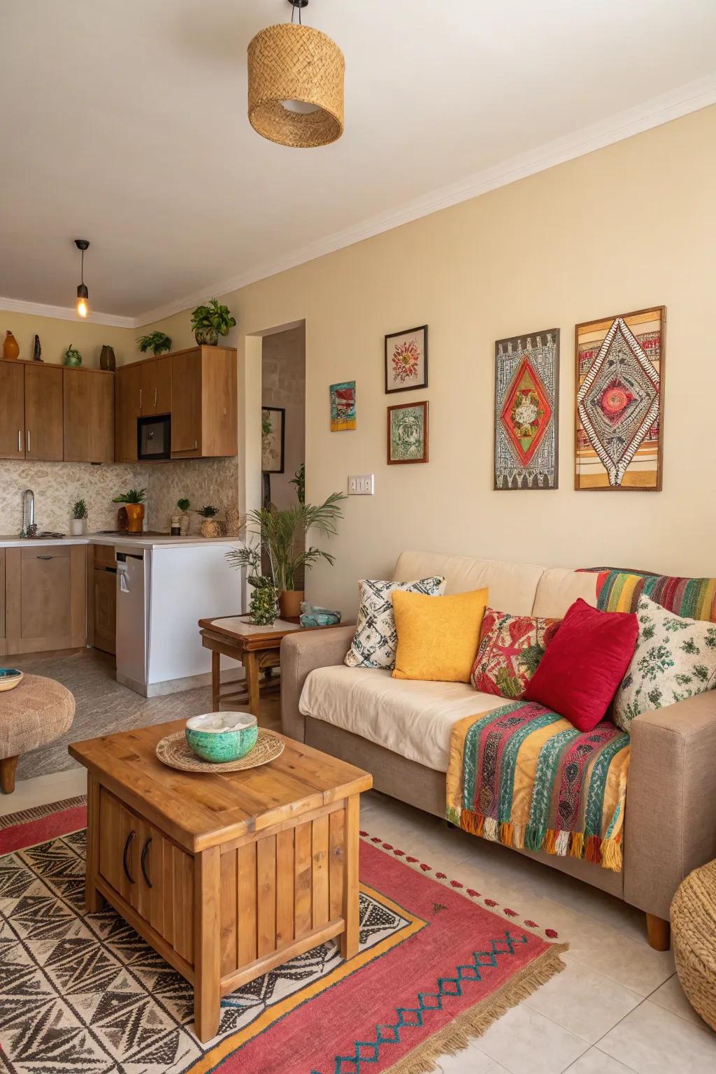 A studio apartment featuring vibrant accessories for a splash of color and neutral earthy tones.