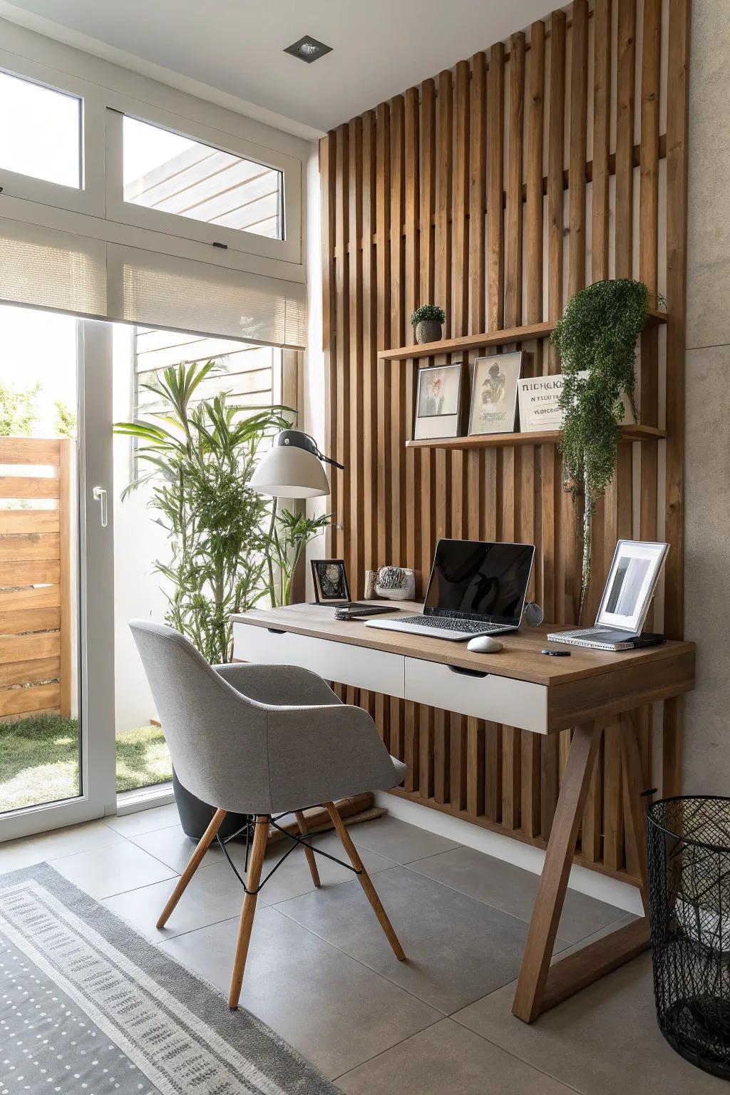 Elevate your personal office with a timber panel backdrop that sparks productivity.