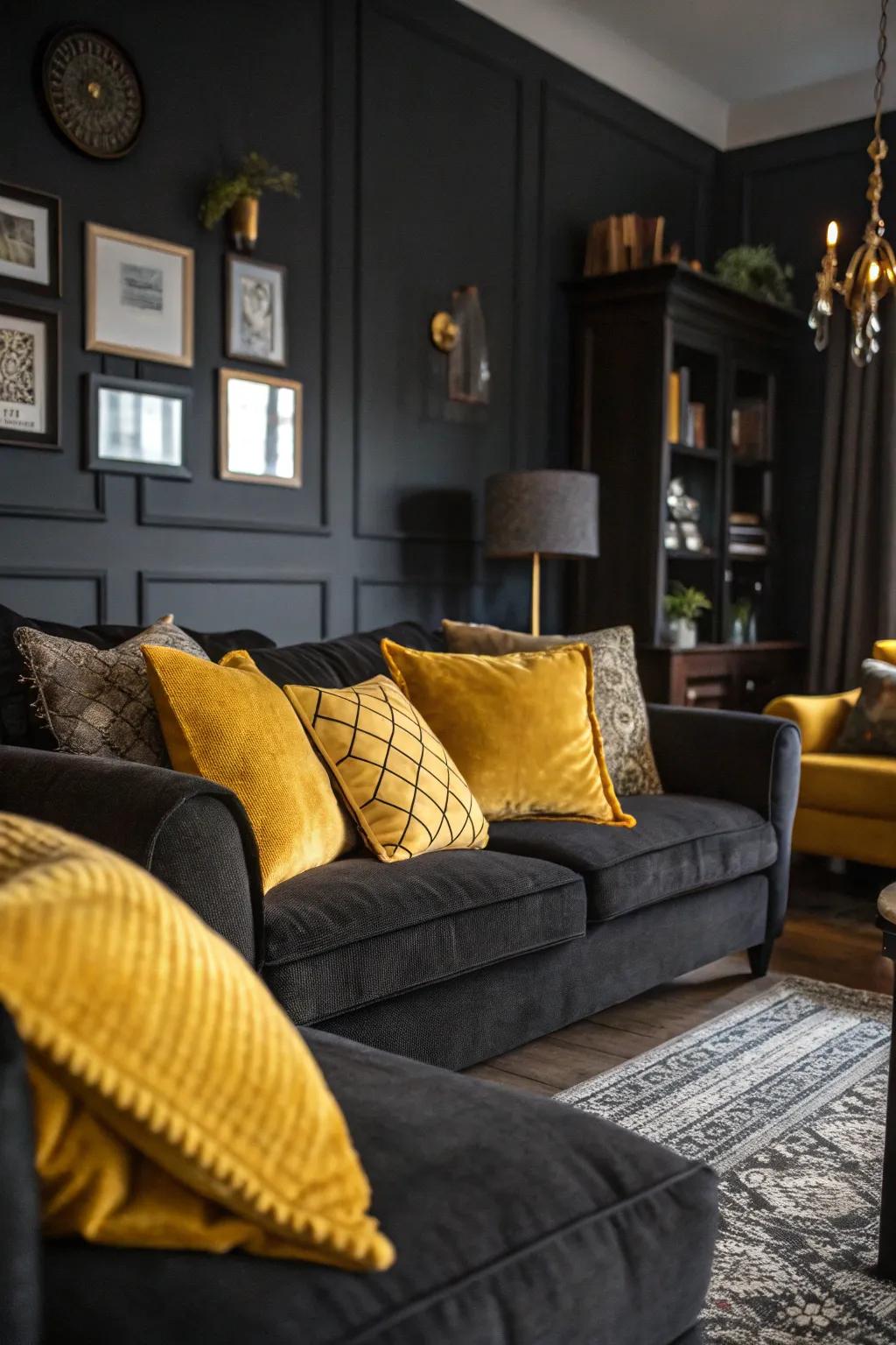 Mustard throw pillows adding contrast to a moody living room.