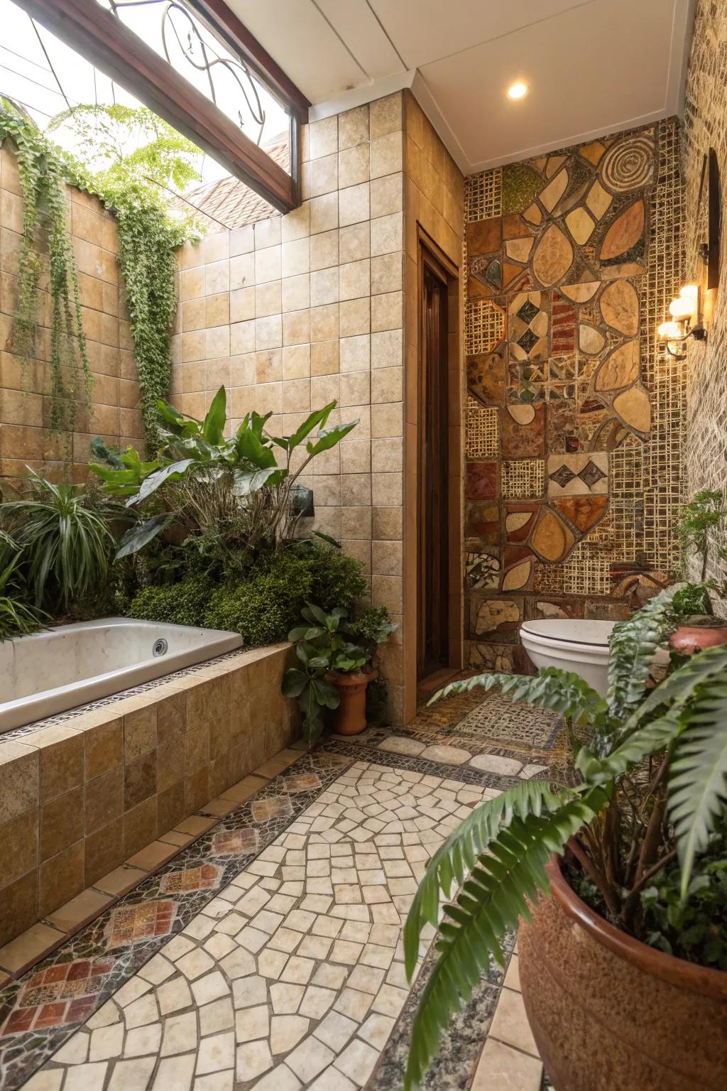 Attain a state of peacefulness using mosaic panels with organic and natural hues.
