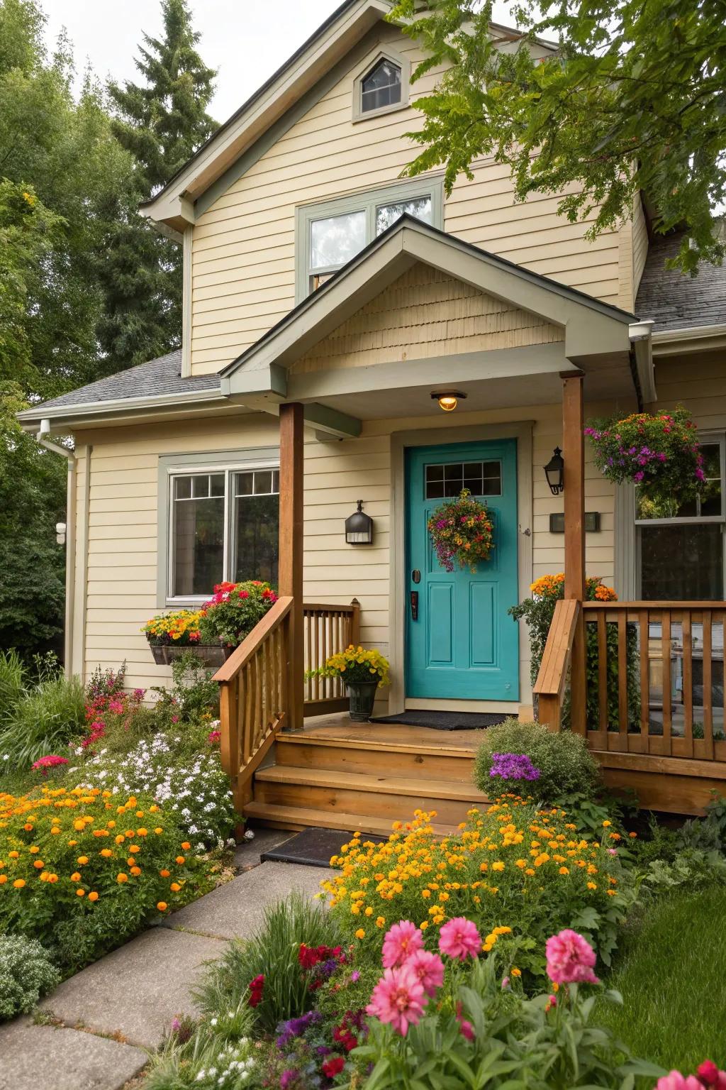 A seafoam front door imbues an invigorating ambiance into a beige exterior.