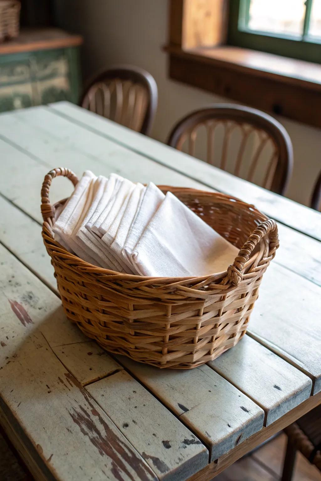 Woven baskets deliver a blend of appeal and utility for napkin storage.