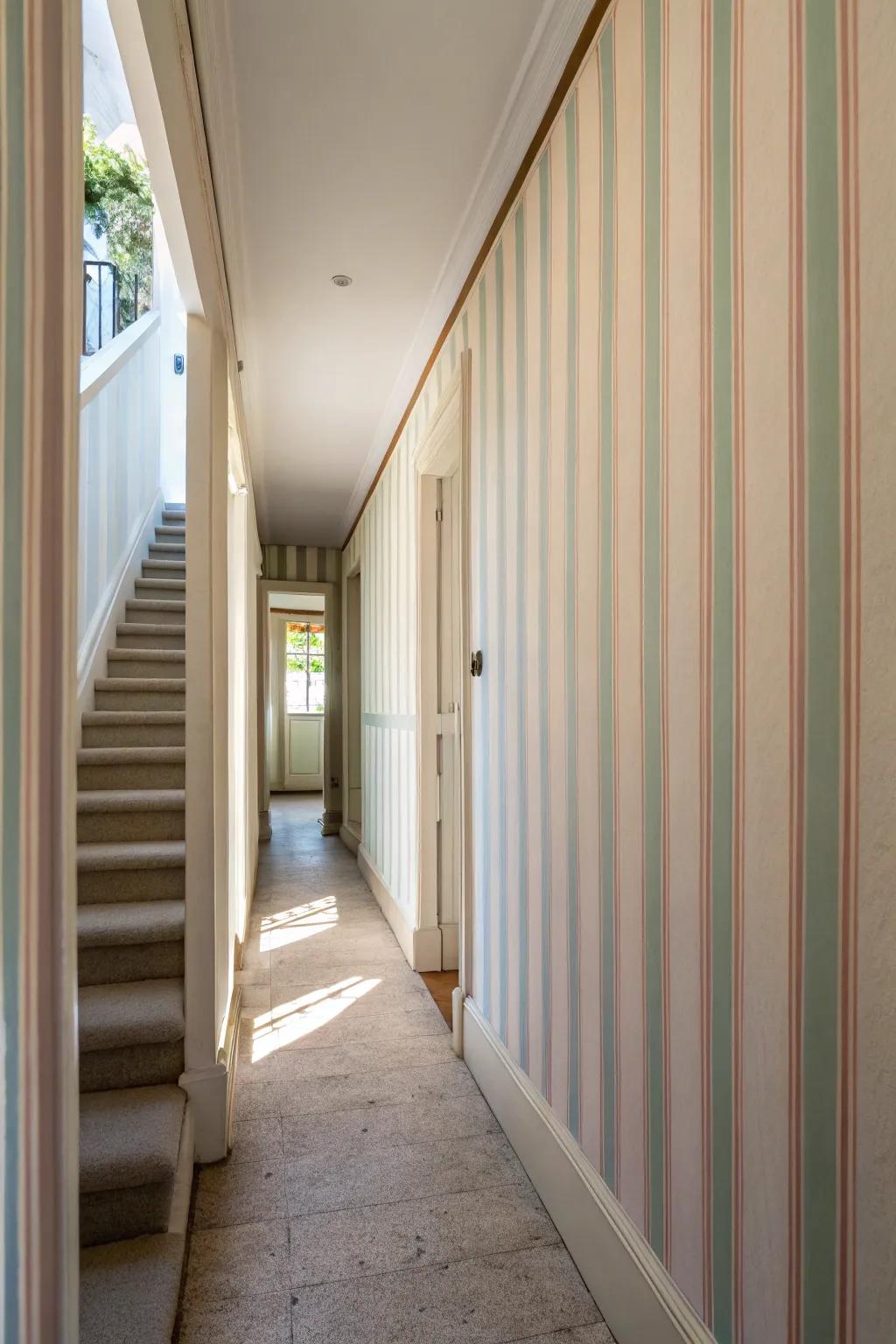 Vertical bands can lend a narrow hallway a taller, more refined aesthetic.