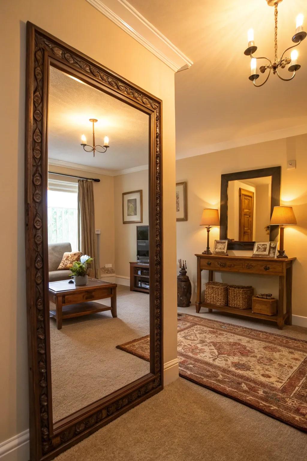 A strategically positioned large mirror enhancing the perception of width in a narrow living area.