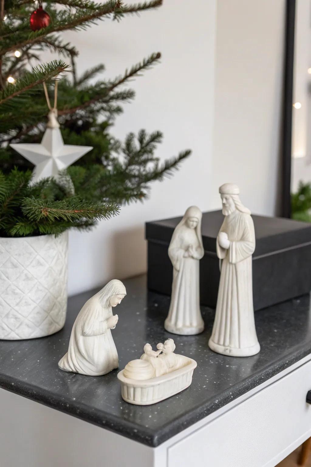 An understated setup highlights the simplicity and splendor of the nativity.