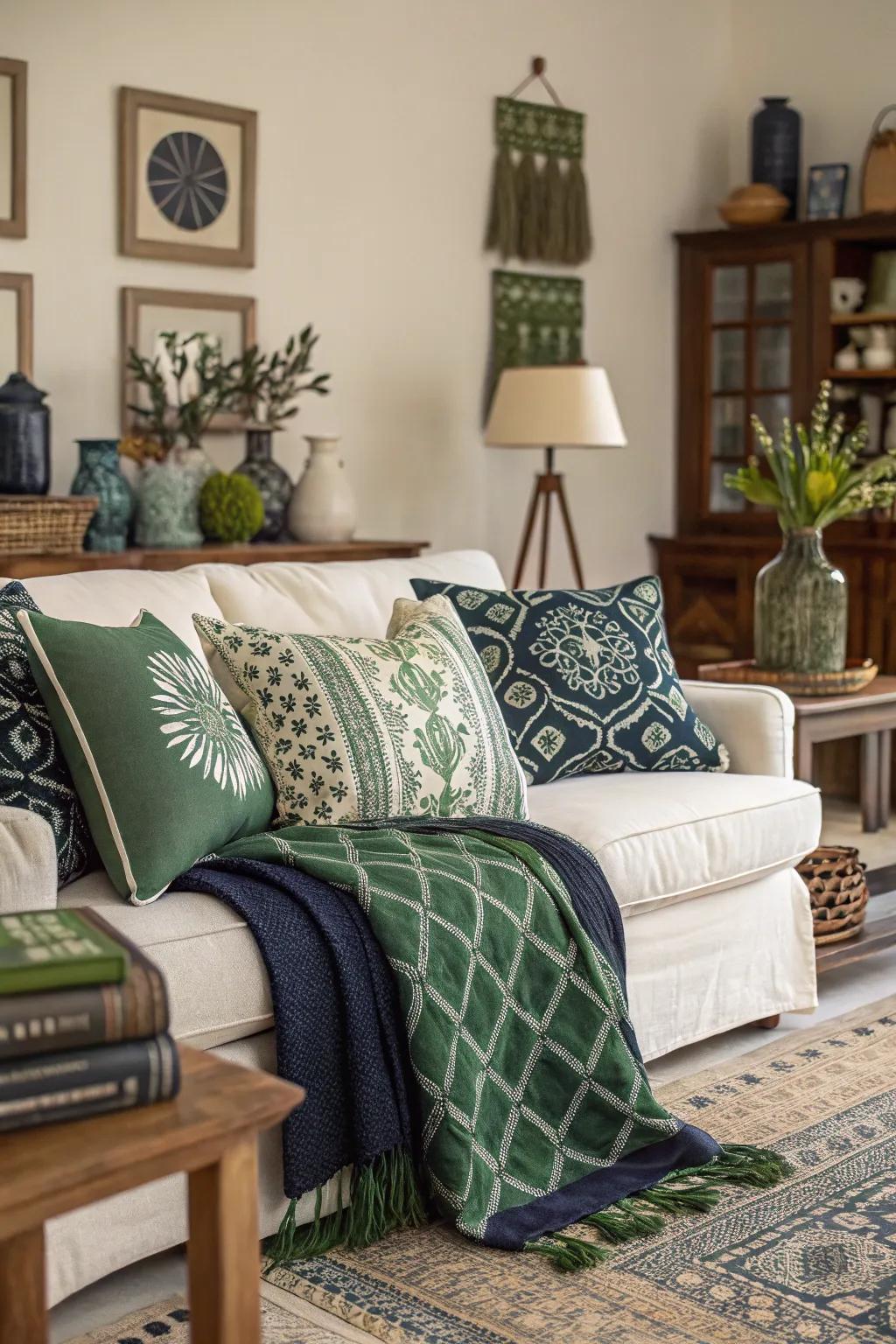 Designed cushions give life to a shades of blue and verdant palette.