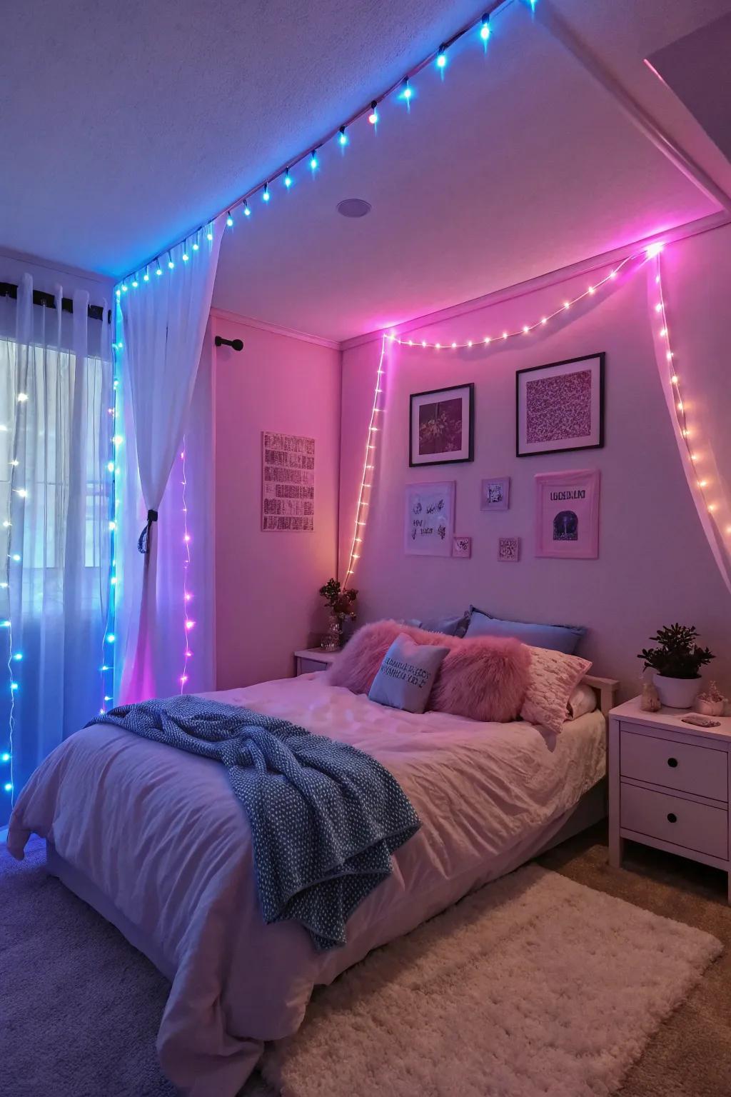Neon highlight lighting transforms a bedroom into a tranquil retreat.