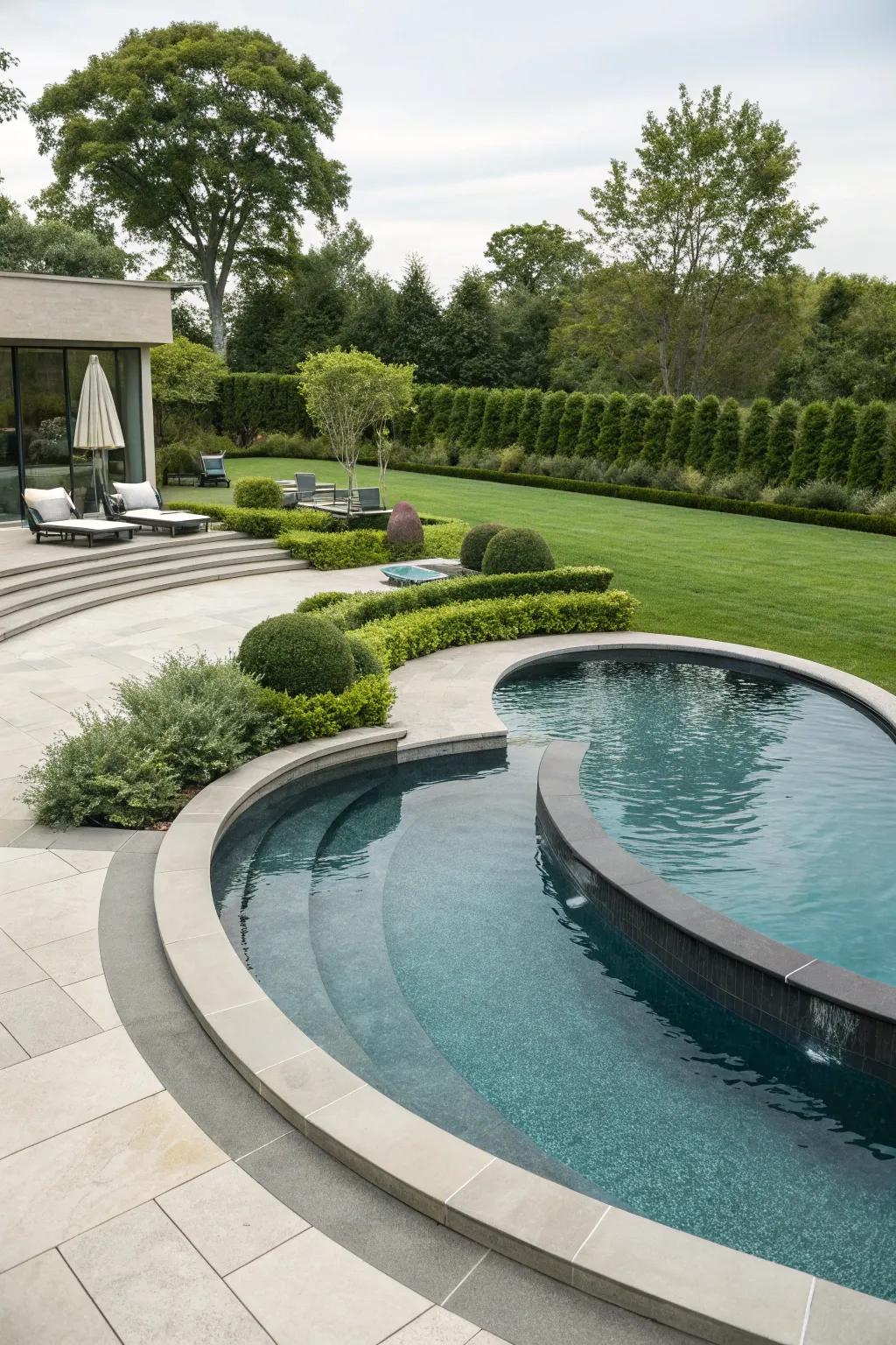 A creatively molded pool featuring curves, contributing an artistic element to the backyard.