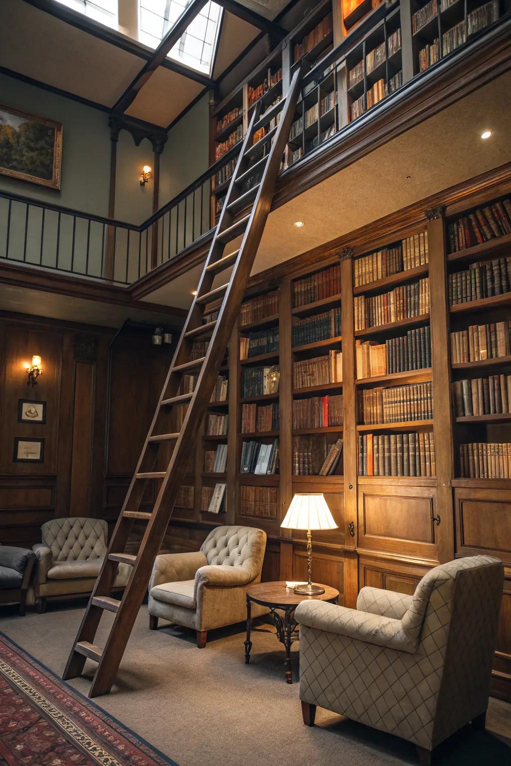 Enhance your nook with a library ladder for a whimsical touch and convenient book access.