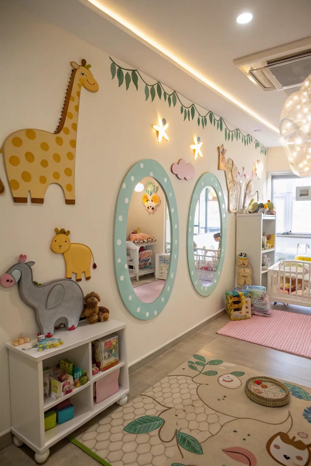 Creature-themed reflectors evoke a playful atmosphere in this nursery.