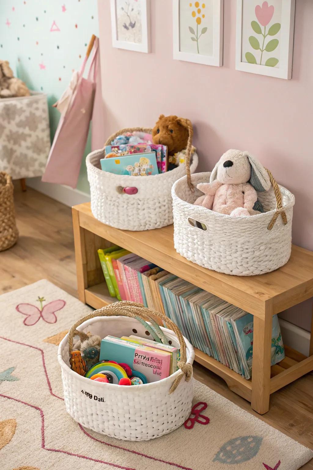 Elegant and practical ornamental containers ideal for arranging nursery essentials.