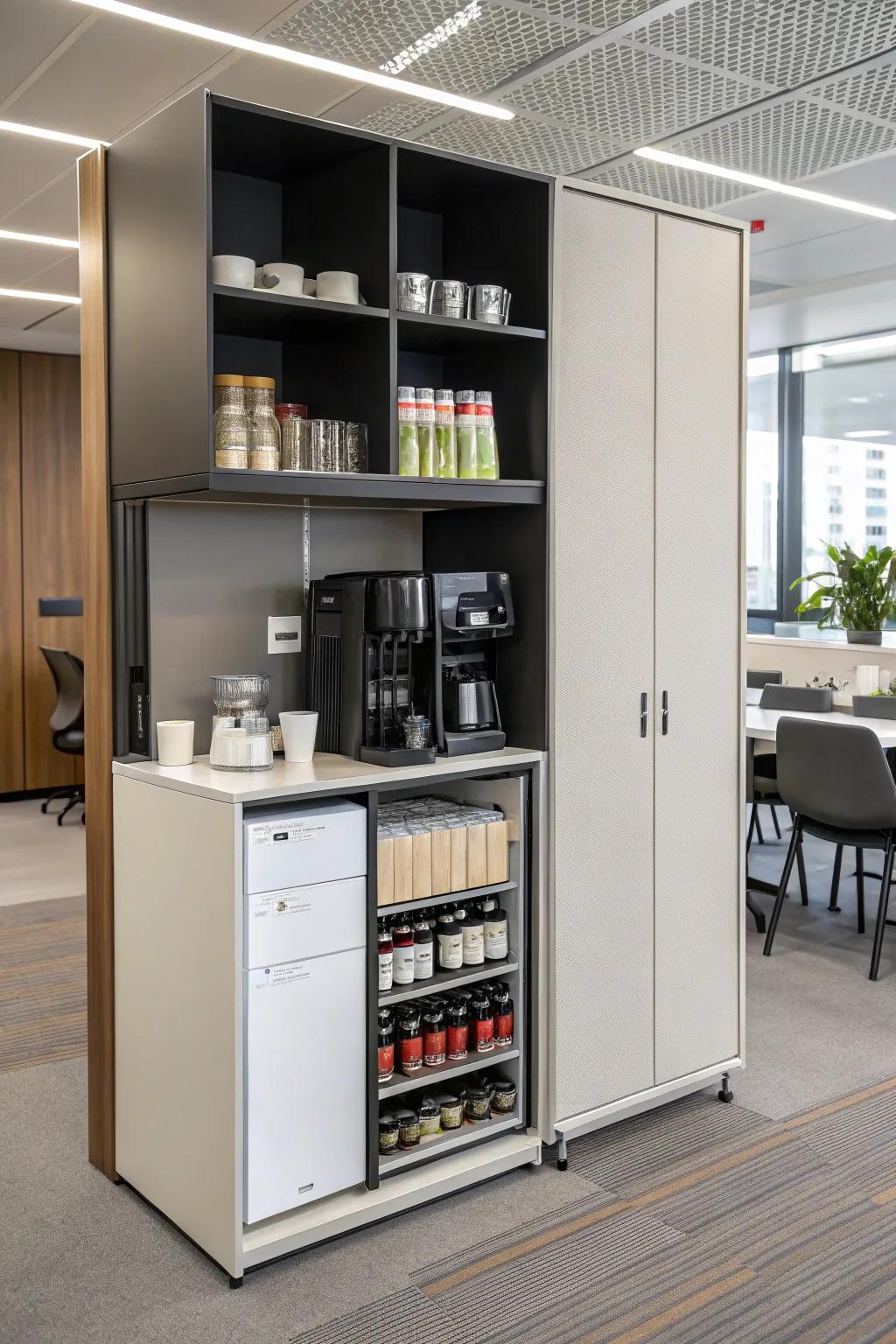 A stylish cabinet organizes your coffee equipment while keeping it out of sight.