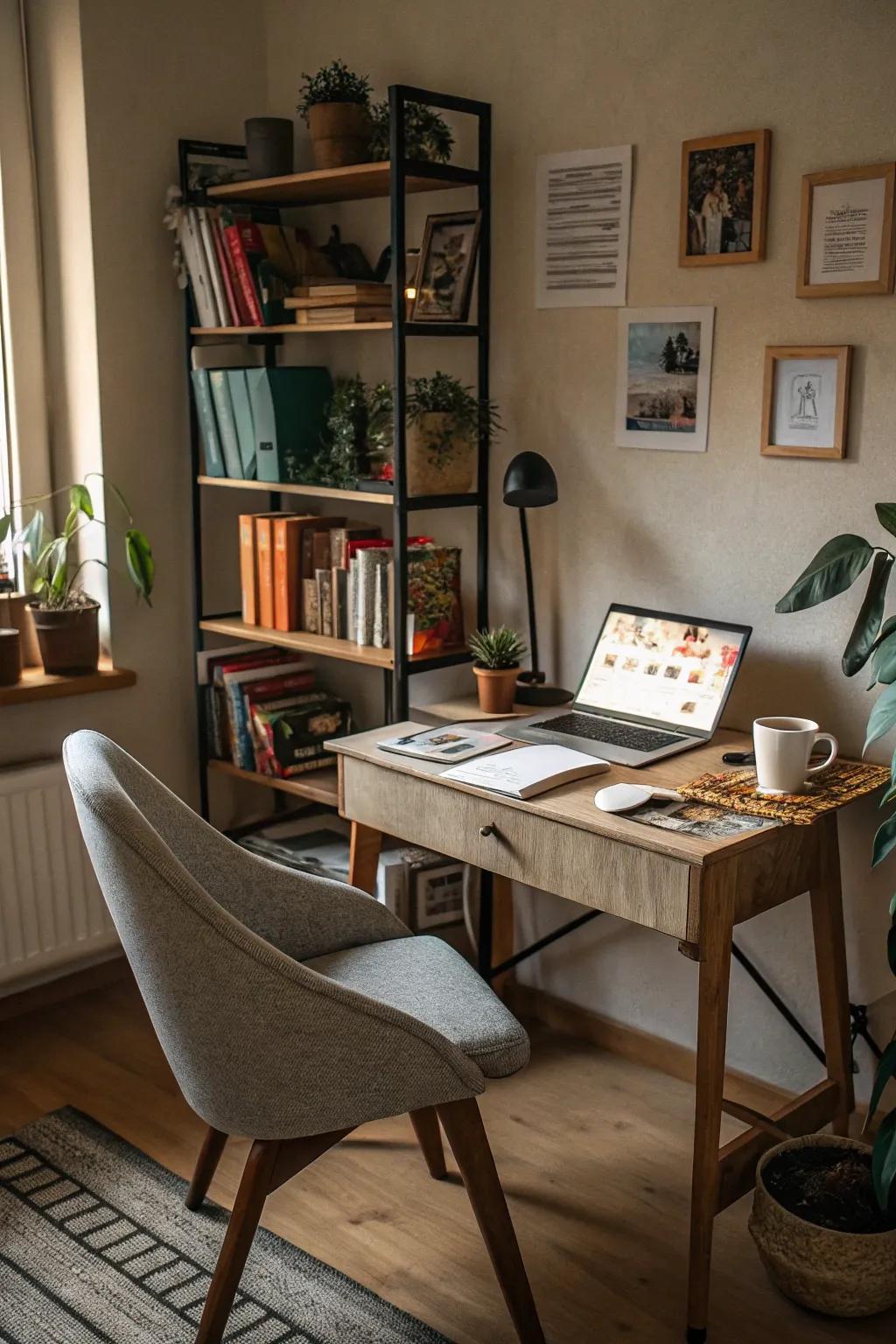 A warm, inviting home office combining function with personal touches.