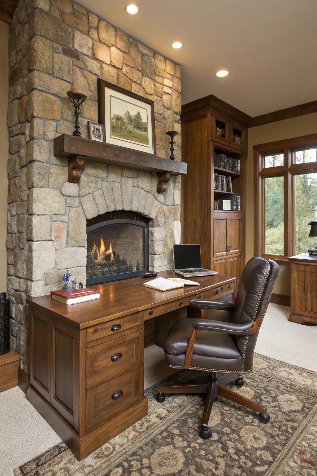 A stone hearth contributes a rustic flair to the office.