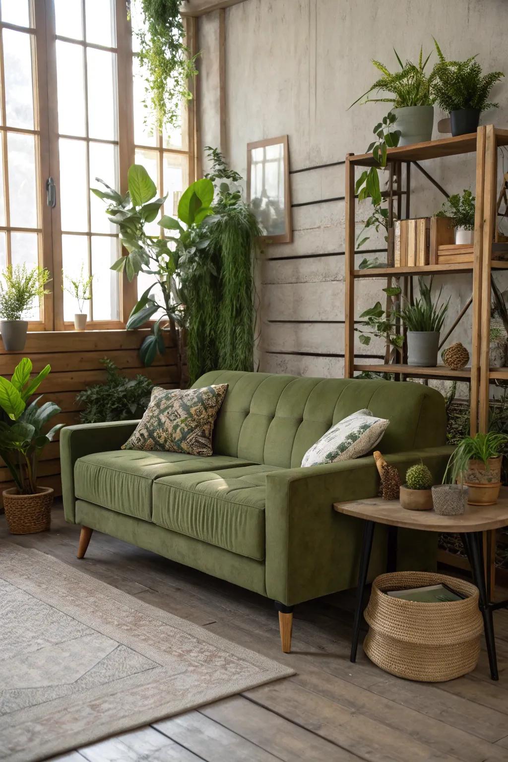 Interior plants heighten the natural sensation of an evergreen-toned couch.