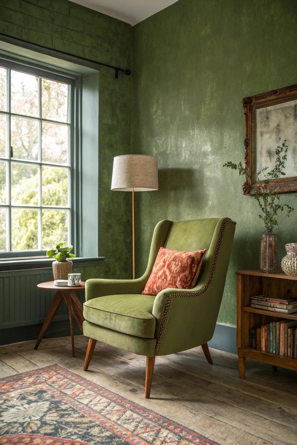 The retro armchair really pops against the olive green wall.