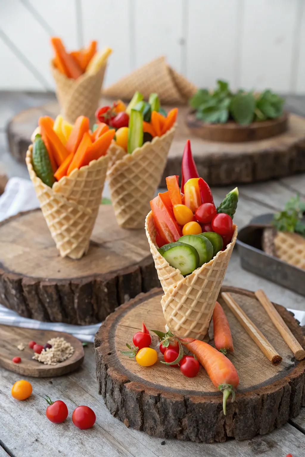 Nutritious and entertaining veggie cones.