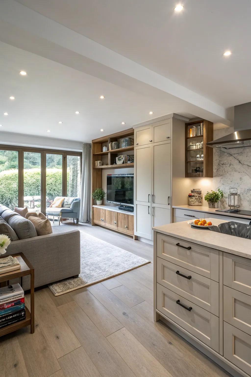 Efficient storage options maintain the open area’s cleanliness.