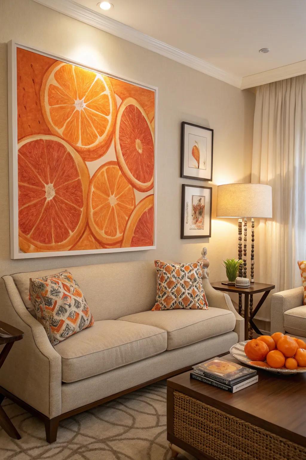Artwork featuring orange beautifully ties together the room's overall color scheme.