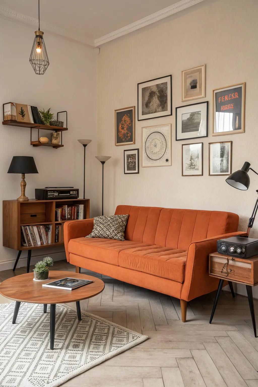A mid-century influenced space showcases an orange sofa as its focal point.